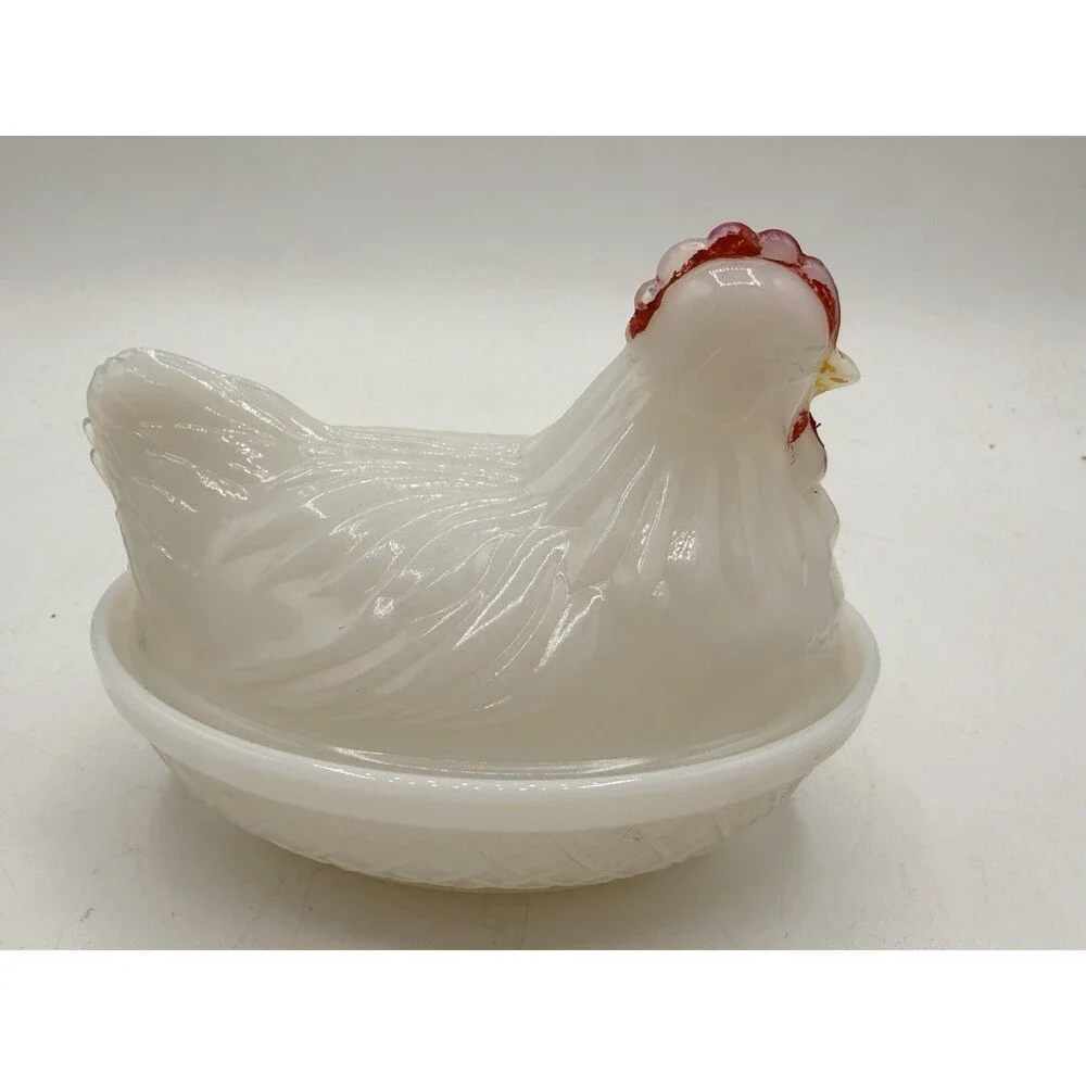 4” Hen On Nest Chicken Opaque White Milk Glass Covered Dish Unmarked No Stamp